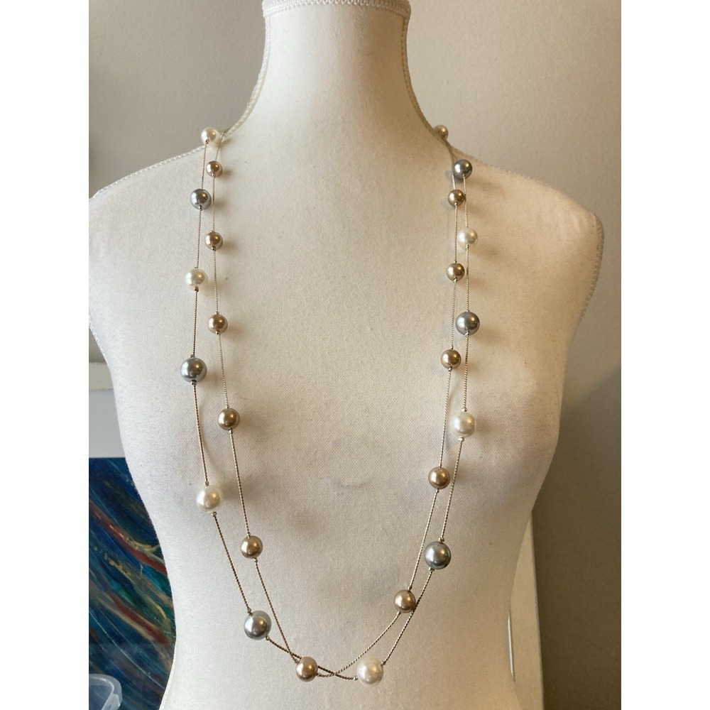 Chico's Faux Pearl Station Necklace Silver Gold Cream Multi Tone Long Strand